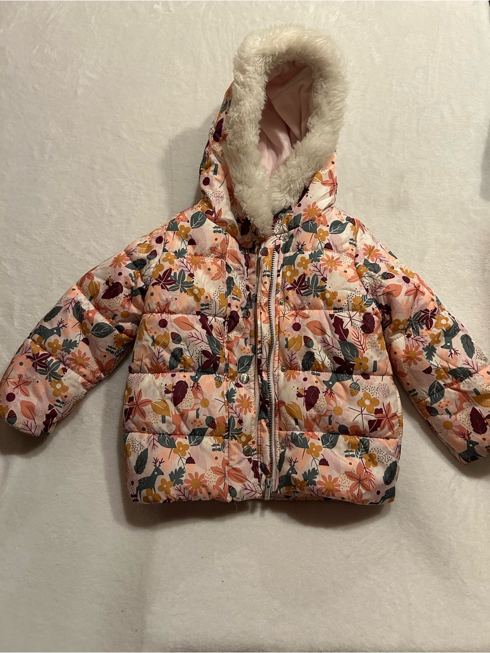 Carter's Girls 4T Winter Puffer Jacket Hooded Faux Fur Trim Full Zip